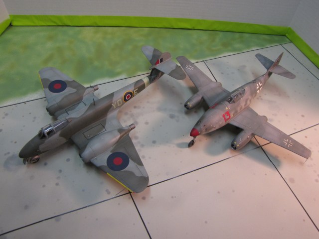 Only two jet fighters saw widespread service in World War II. The traditional looking Meteor, and the radical shark-like Me262.