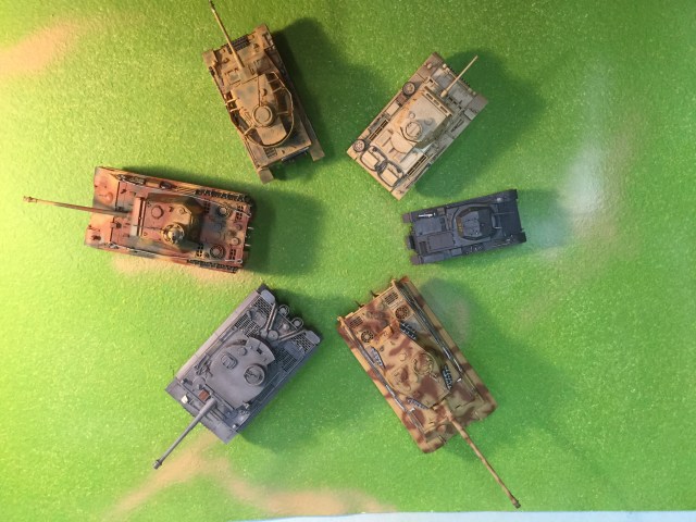 The whole range of German made tanks in World War II, from Panzer II (the smallest) to Panzer III, Panzer IV, Panzer V (Panther), Panzer VI (Tiger), Panzer VIB (King Tiger)